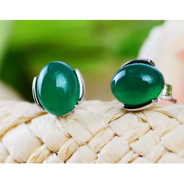925 Sterling Silver Oval  Green Onyx Bead Stud Earrings(033422W)