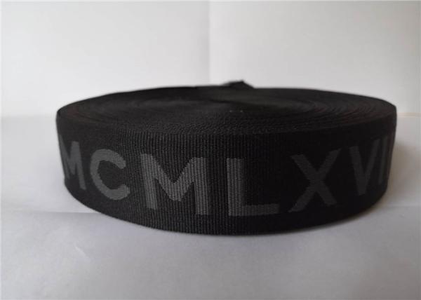 3.5 Cm Custom Jacquard Ribbon / Jacquard Tape Black Color Grey Words High Strength
