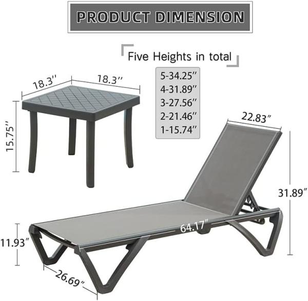 Outdoor Lounge Chair Set Aluminum Patio Chaise Lounger Side Table and Pillow Outside Pool Beach Sunbathing Tann