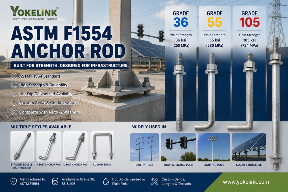 ASTM F1554 Grade 55 Anchor Rods 3/4''–2 for Utility Pole Foundations