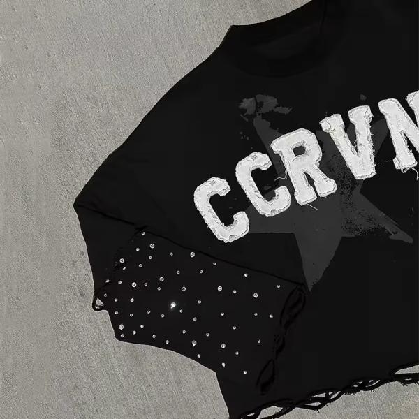 Clothing Manufacturers Custom Double Layer Long Sleeve Distressed Embroidery logo Rhinestone t Shirts Acid Washed Vintage Tshirt