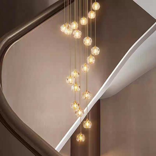 15 KG Crystal Football All Copper Crystal Light Luxury Living Room Apartment Villa Living Room Rotating Rise Staircase Long Pendant Lamp