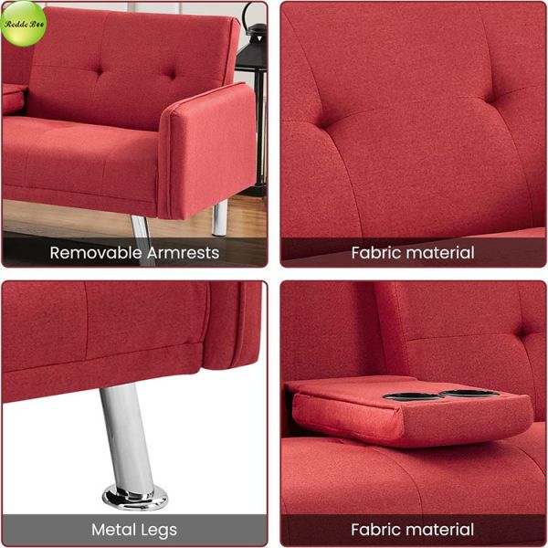 Modern Linen Fabric Foldable Sofa Bed With Cup Holder 2 Seater Living Room Sofa Convertible Sleeping Sofa Bed