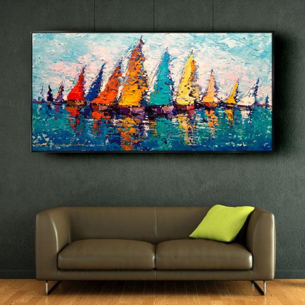 Taille personnalisée Acceptée Art murale moderne peint à la main de paysage marin pour salon Décoration de bureau avec voiliers Peinture à l'huile abstraite