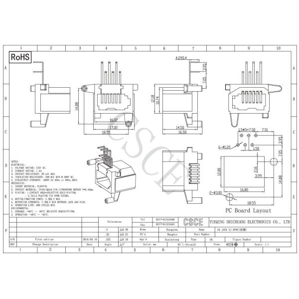 6P6C  RJ11 PCB Mount Connector Vertical 180 Degrees 1000V AC 50Hz 60Hz 1MIN