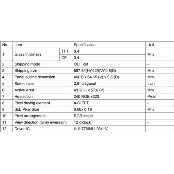 2.8'' TFT LCD Resistive Touchscreen SPI 240 X 320 ILI9341V IC Tapeable Resistance
