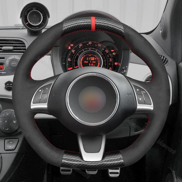 Custom Hand Sewing Black Carbon Suede Steering Wheel Cover for Fiat Abarth 500 500C 595 595C GQ S 500C S Linea