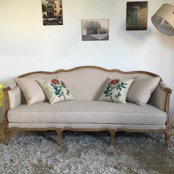 Antique french louis wooden frame sofa linen fabric french style sofa classic upholstered three seat sofa