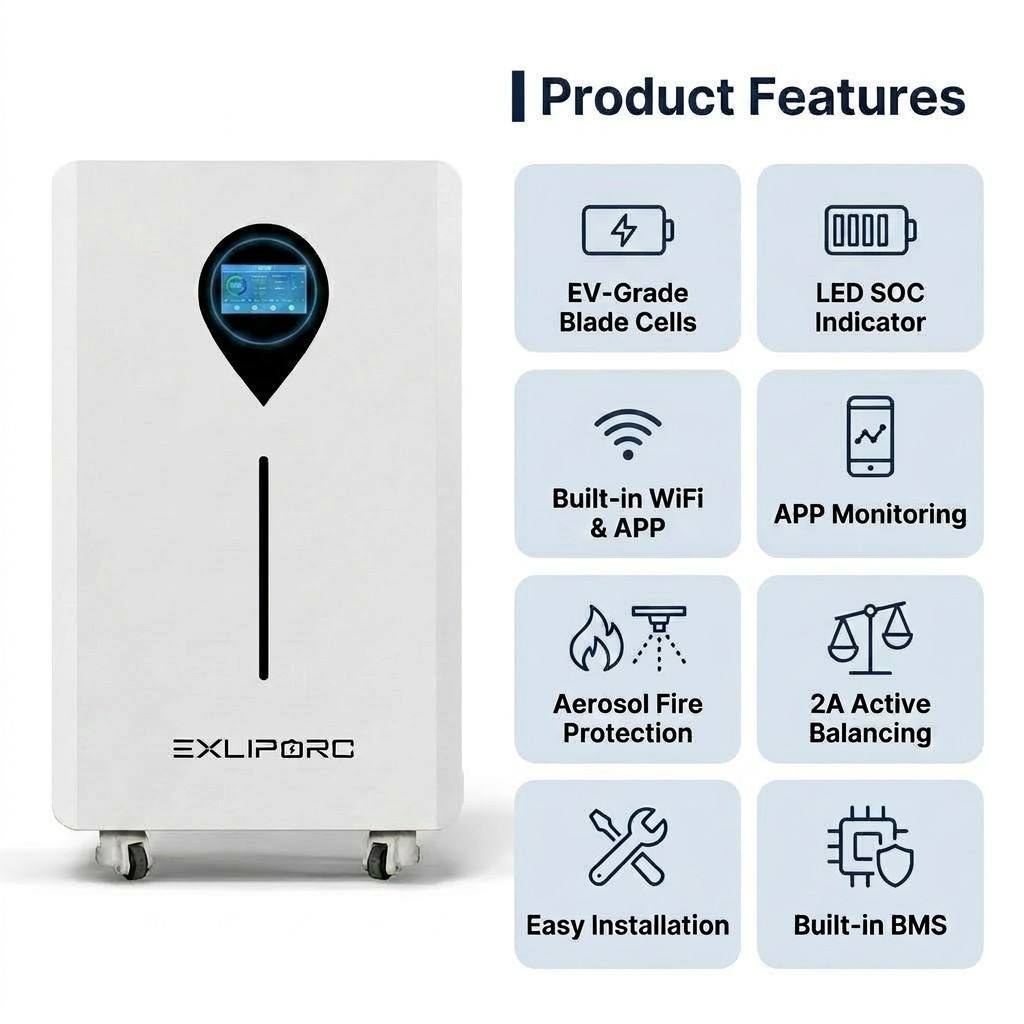 EXLIPORC LVB16WTC 16kWh LiFePO4 Home Energy Storage System with EV Blade Cells for 8000 Cycles and WiFi APP Monitoring