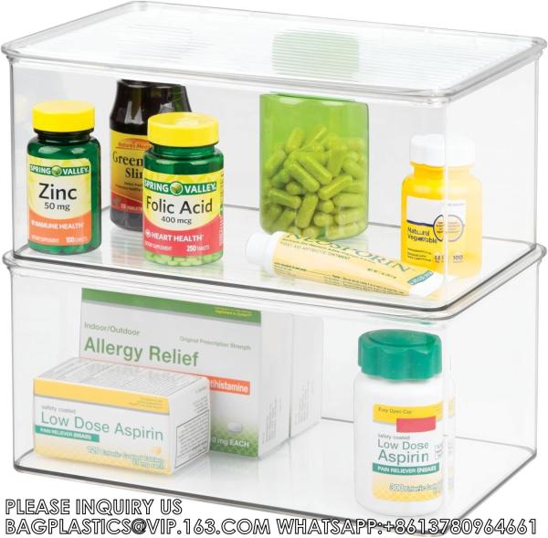 Plastic Bathroom Vanity Organizer Bin With Lid For Medication, Accessories, Cosmetics And More, 7.25 X 10.75 X 5