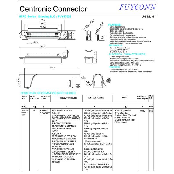 50 Pin Receptacle Centronic Solder Side Cable Entry Connector with Matel Cover Certified UL