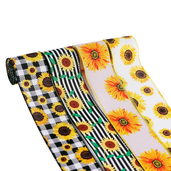 High Tenacity Summer Wired Burlap Ribbon Yellow Sunflower Ribbons for MSD 2.5 Inches