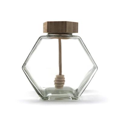 Dripper de bambu de madeira da capacidade de vidro vazia do frasco 12oz do potenciômetro do frasco do mel do hexágono