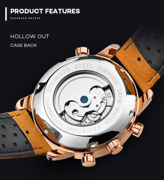 KINYUED J019-3  Private Label Gold Case Genuine Leather Auto Date Skeleton Tourbillon Automatic Mechanical Wristwatches