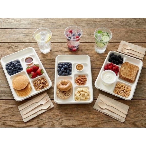 Biodegradable Bagasse Clamshell Containers Food Trays 321mm 6 Compartment for Mass Catering