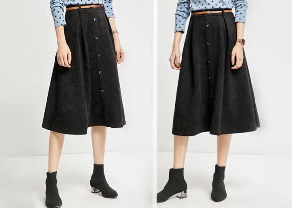 Black Wide Hem Ladies Dress Skirt Suede Skirt Calf Length With Belt