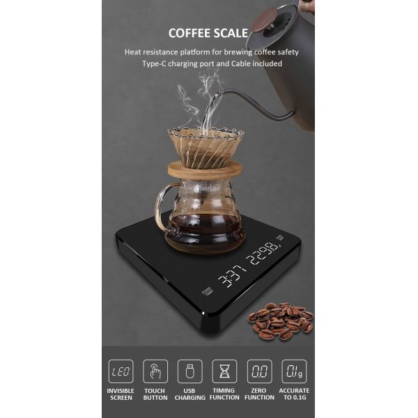 LED Display Kitchen Scale with Touch Screen Timer Function and Customized OEM Product weight 298g Digital Coffee Scale