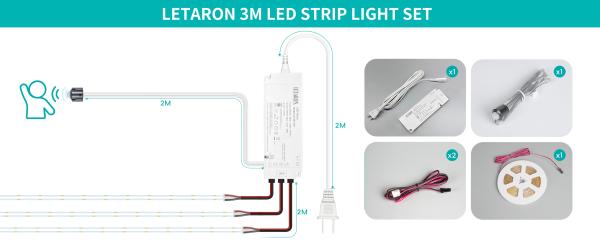 LETARON COB LED Strip Light 24V LED Tape Light,480 pcs/M LEDs,Super Bright High Lumen 6000K  White 3m,Dimmable with 3M Tape,30W UL Power Supply,TOUCH SWITH for Bedroom,Home,Kitchen DIY