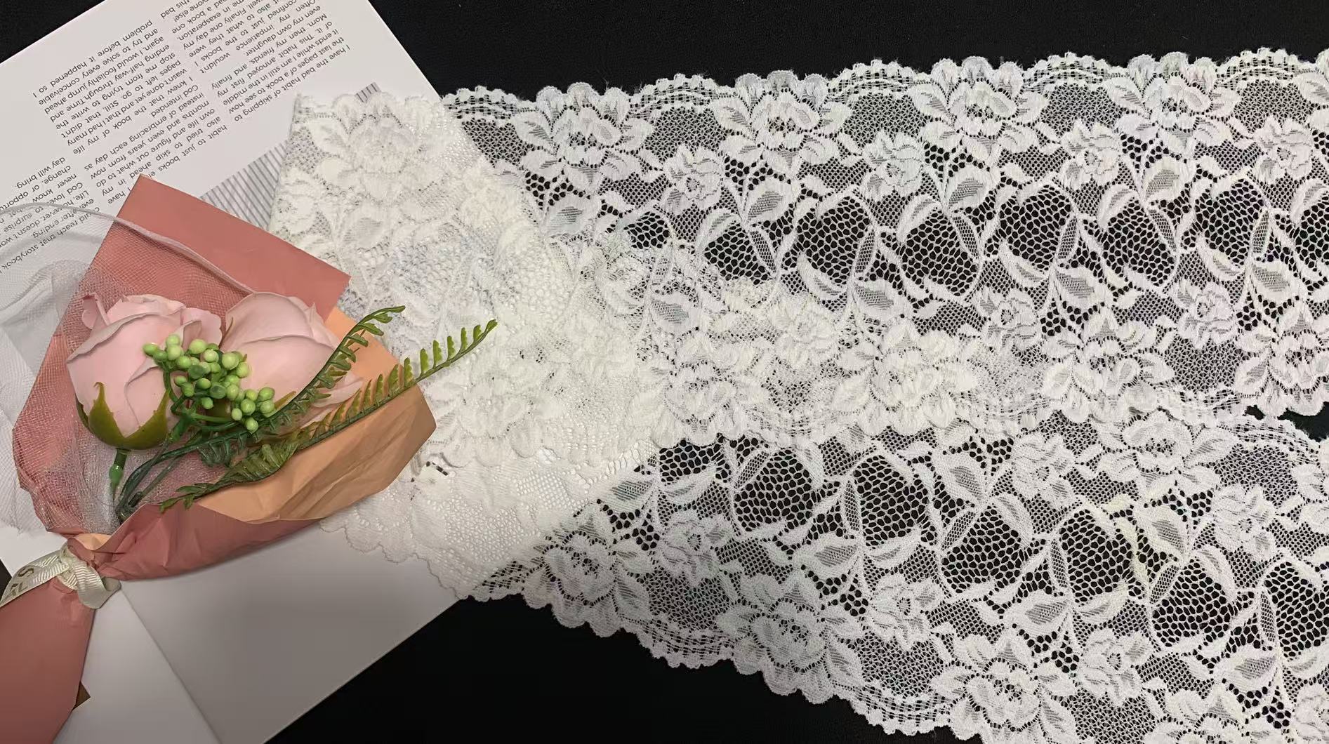 A1Z015# White Floral Leaf Stretch Lace Edging, Wide Elastic Lace Trim for Underwear & Garment Decoration