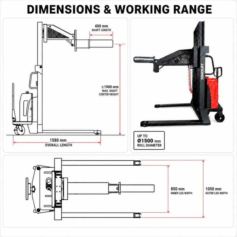SINOLIFT Semi-Electric Roll Lifter with Pneumatic Expanding Mandrel