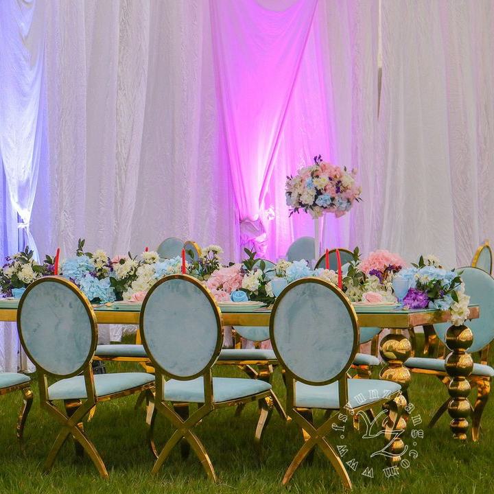 Modern Heavy-Duty Metal Legs Banquet Table with Gold Stainless Steel & MDF Top for Hotel Wedding Dining Outdoor Living Room Use