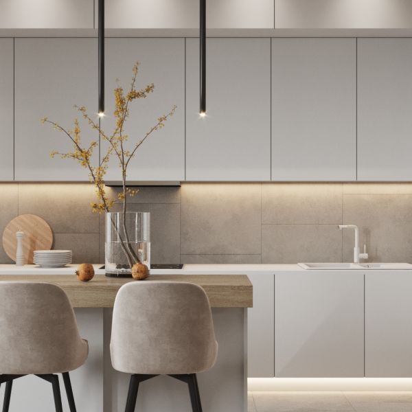 Creamy White Matte Lacquer Kitchen Cabinet And Marble Top