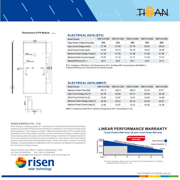Tier 1 Brand 25 Year Warranty Pv Modules Risen Solar Panel 530W-550W  110cell PERC Mono Pv Panel (RSM110-8-530M-550M)