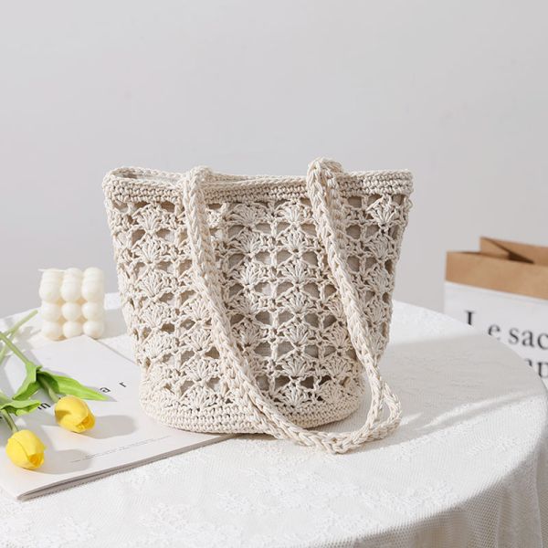 Simple Casual Lady Summer Straw Handmade Bucket Bag for Women Beach Vacation Shoulder Bag