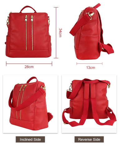 Lightweight Red Womens Backpack Bags Soft Pu Leather With Zipper Pocket