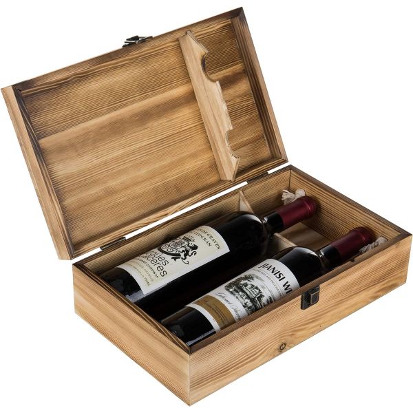 Environmental Rustic Torched Wood Double Bottle Wine Gift Boxes With Lid Customizable