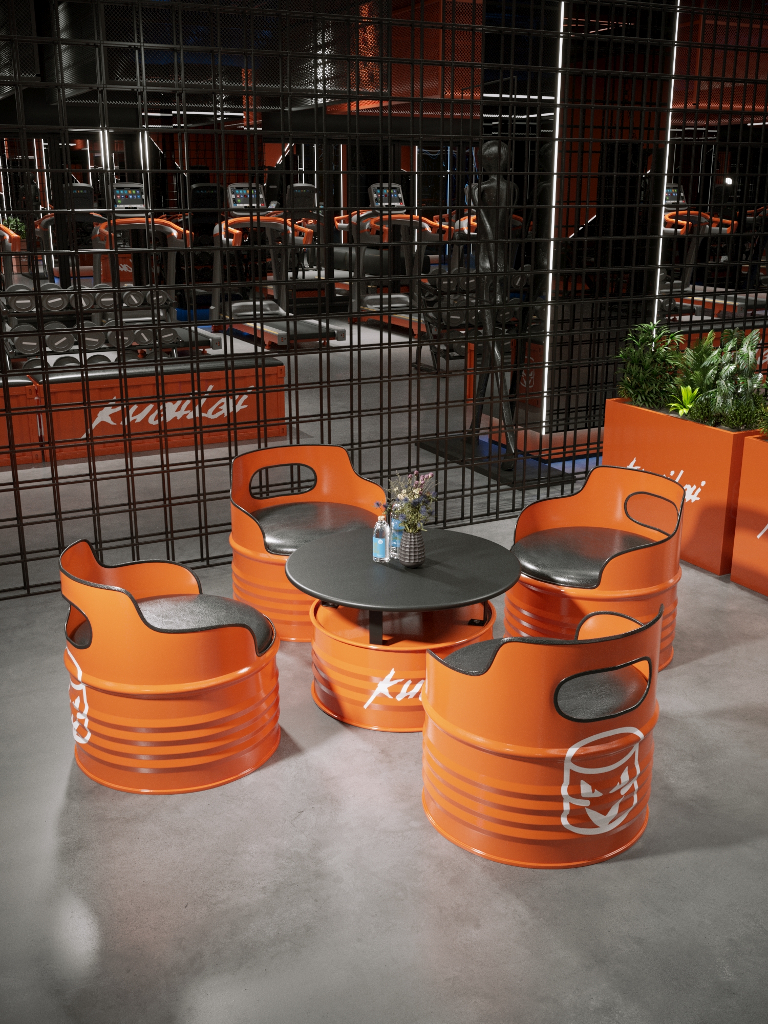 Durable Iron Frame Industrial Bar Furniture with Premium PU Leather and Customizable Colors Oil Drum Table and Chair