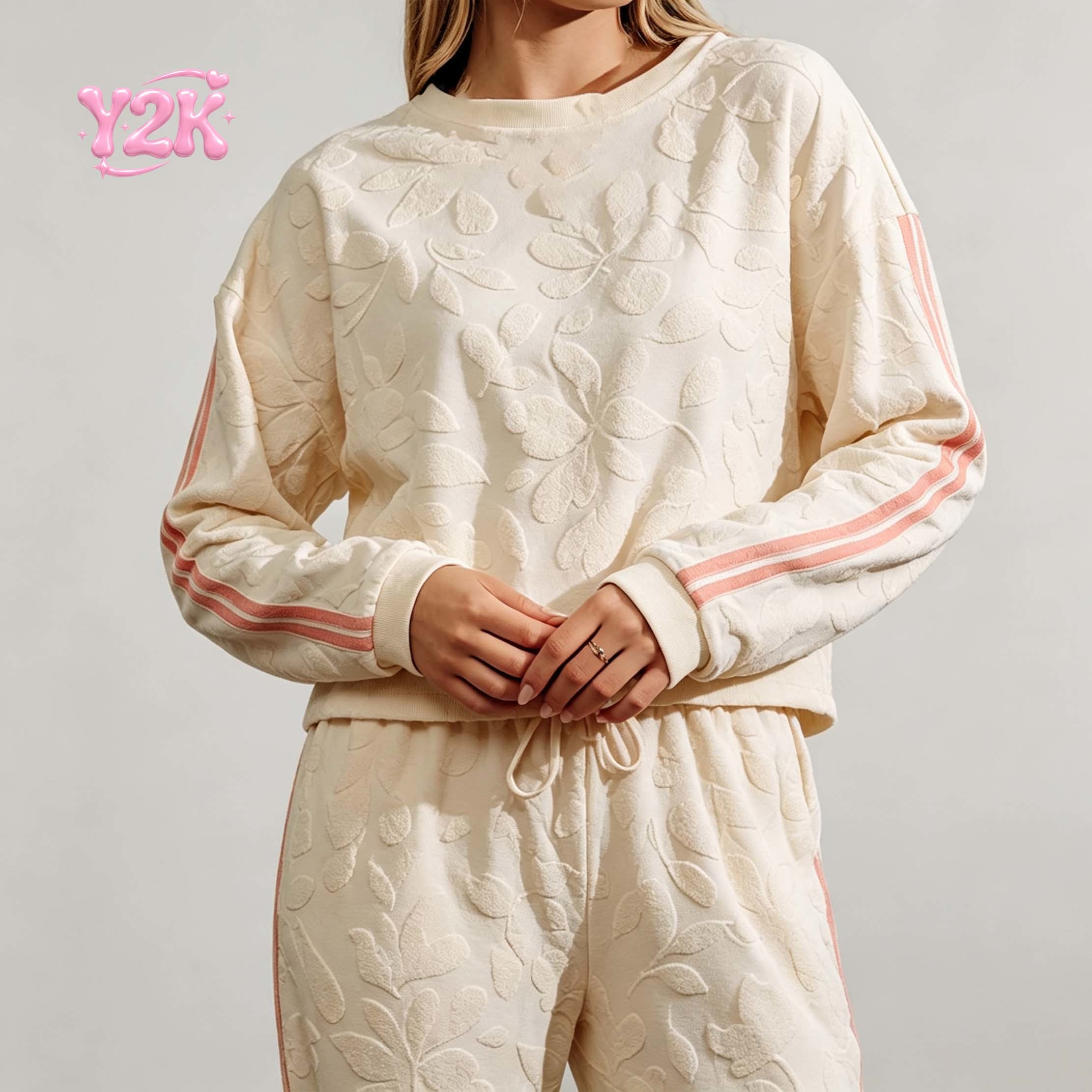 Custom Women's Textured Terry Top Wide Leg Stripe Pants Set