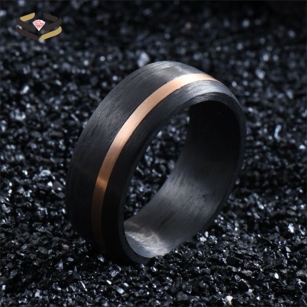 Anillo de boda para hombre con incrustaciones de círculo de oro rosa y fibra de carbono negro de 8 mm para compromiso