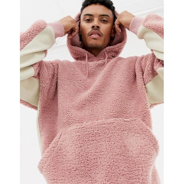 Contrast Knit Rib Mens Sherpa Jacket Oversized Sherpa Sweatshirt Anti Pilling