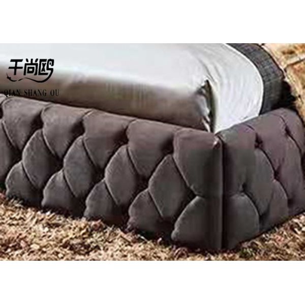 American Style Brown Leather Velvet Fabric Bed , Wooden Frame King Size Bed