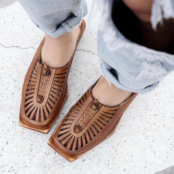 S244 Ethnic style square head casual Baotou sandals handmade leather hollow single shoes women's shoes