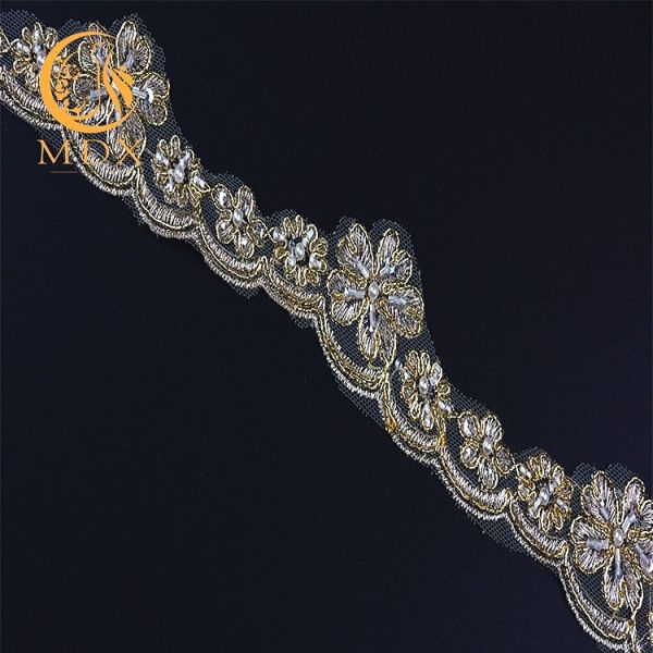 OEM связал сетку изготовленной на заказ вышивки отделки шнурка цветка 3D мягкую с шариками