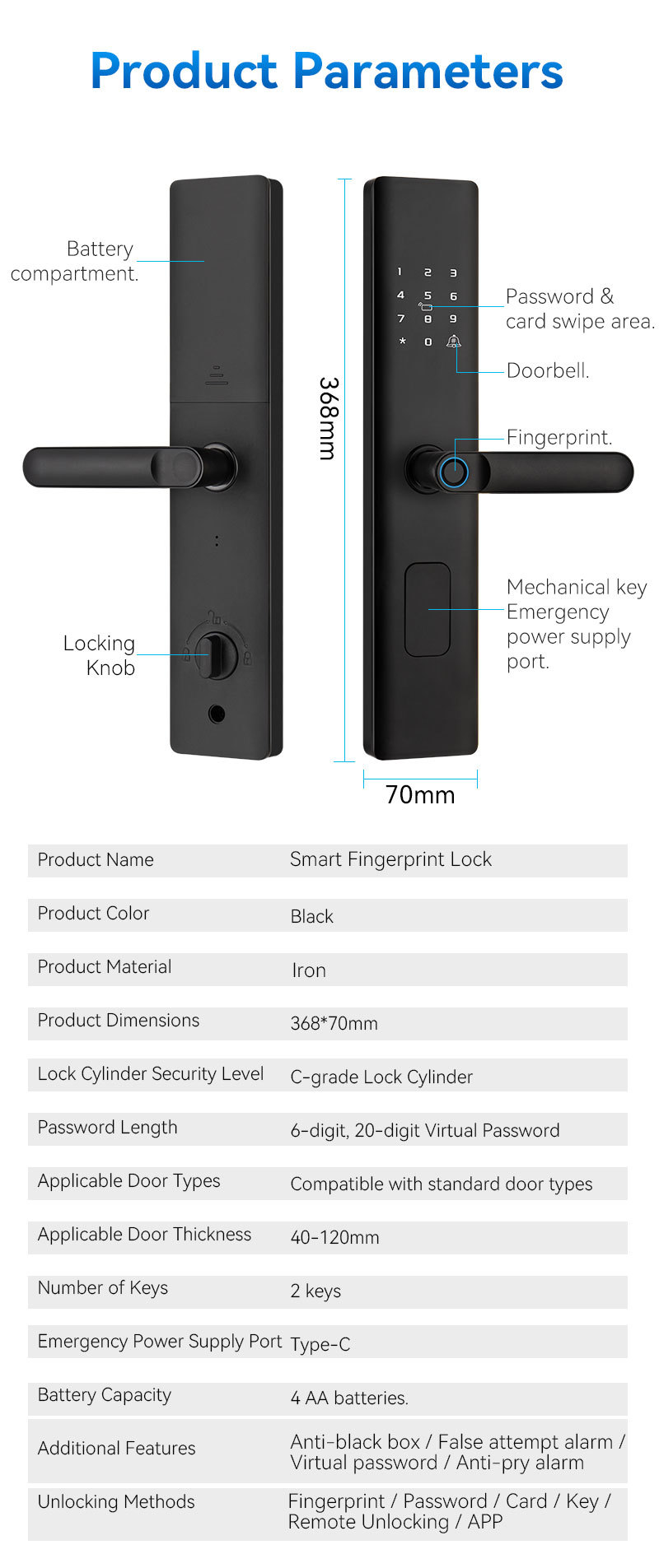Qleung A19 Smart Door Lock with 6-in-1 Multi Unlock Ways, 0.5s Fast Semiconductor Fingerprint Sensor and Built-in Electronic Doorbell