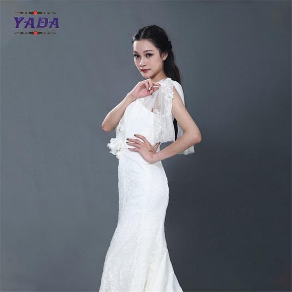 Nova chegada de encaixe branco puro, rosas de mão, aplicativos de contas, comprimento do chão fora do ombro, vestido de noiva de sereia, vestido de noiva