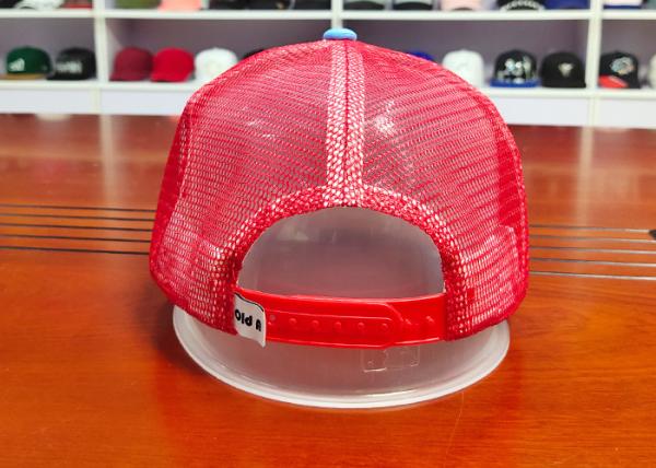 100% cotton twill white blue and red polyester mesh 5panel foam snapback hats caps