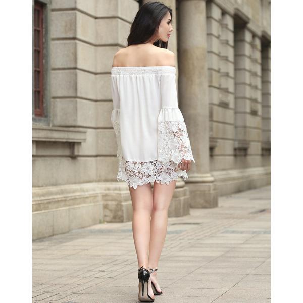 sexy flounce off shoulder lace trim chiffon ladies' black and white  tops wholesale women blouse with elastic band
