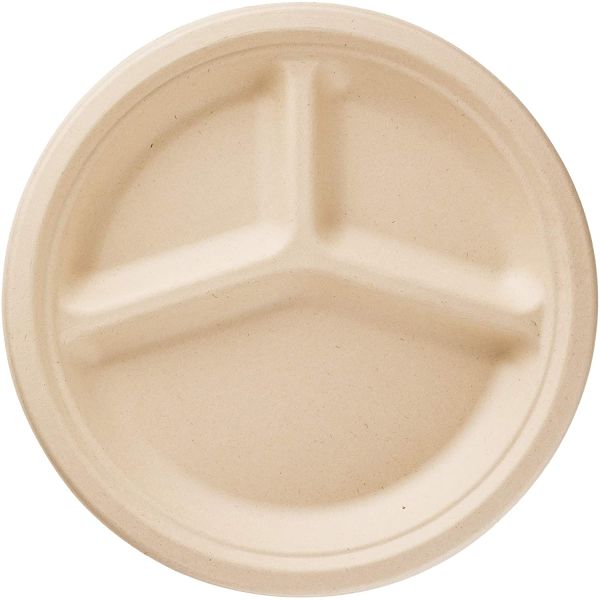 Round Bagasse 3 Compartments Compostable Plate Disposable Sugarcane Plates