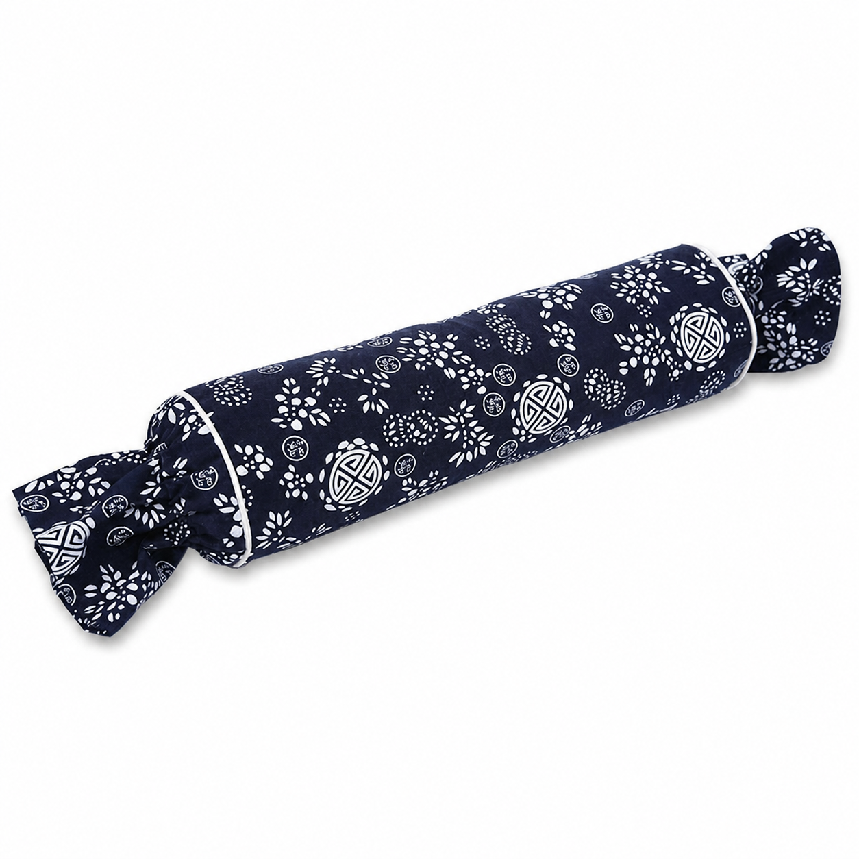 Qiai Neck Bolster Pillow in Navy Printed Fabric with Individual Gift Box