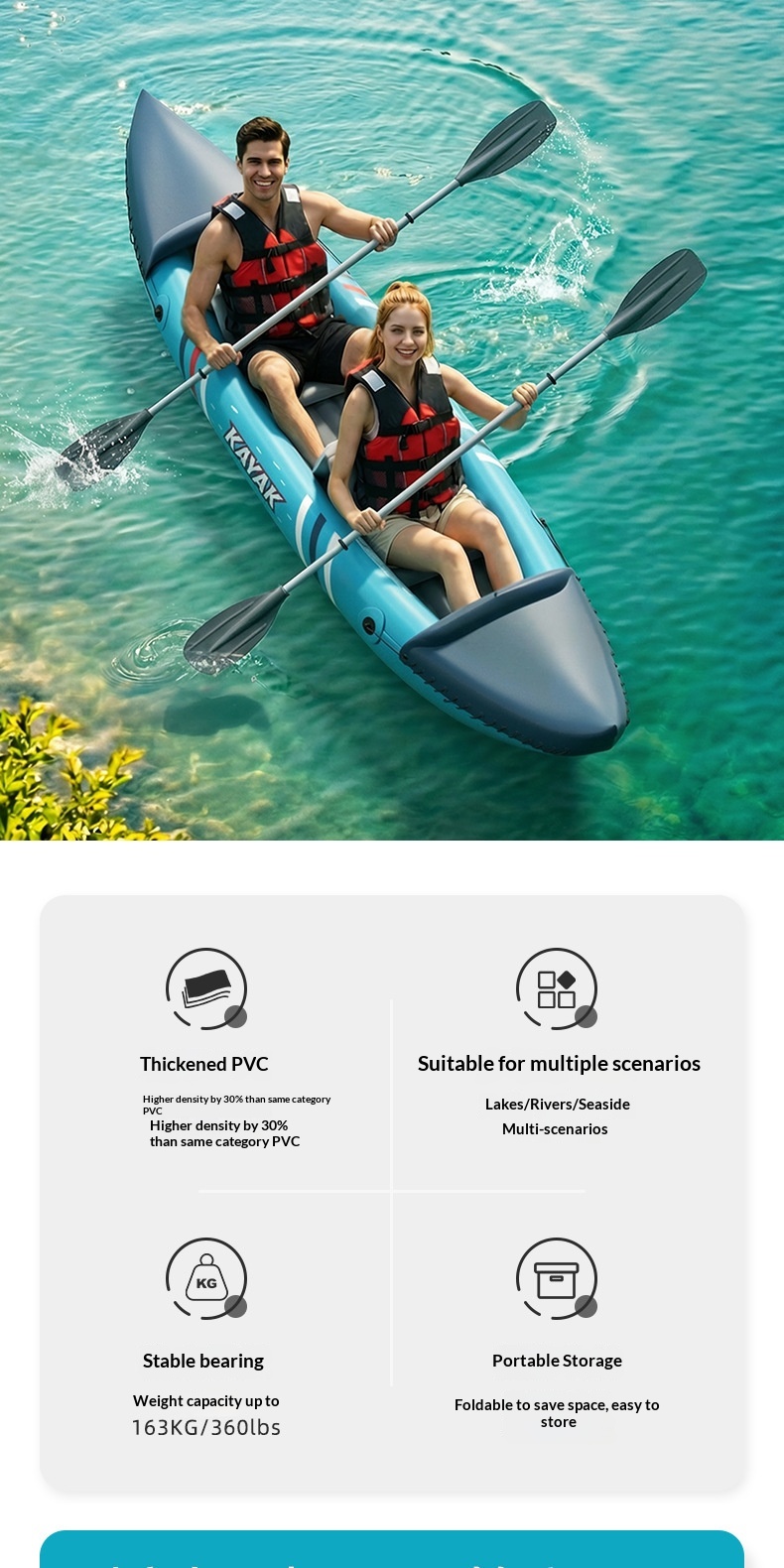 Outdoor Inflatable PVC Kayak for Two People 3.1-4m Length 163kg Capacity Thickened Abrasion-resistant Fishing Adjustable Seats
