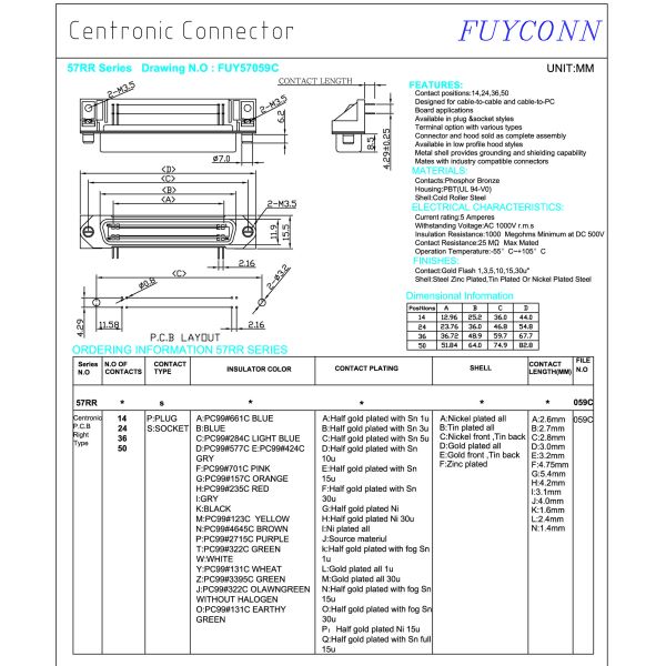 50 Pin Centronic PCB Right Angle Female Connector Certified UL