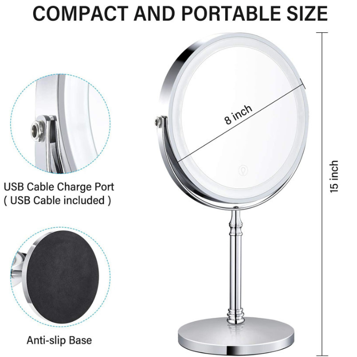 Lighted Makeup Mirror Rechargeable Double Sided Magnifying Mirror  Makeup Mirror With 3 Led Lights