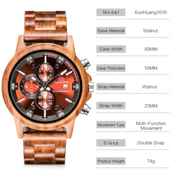 Male Elegant Walnut Wooden Quartz Watch , Wood Face Watch Sporty Type