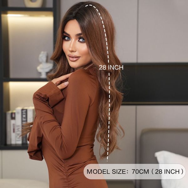 Fashion Long Body Wave Dark Root Hair Brown Synthetic Wigs For Women