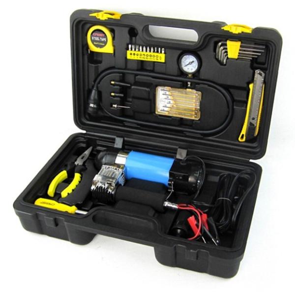 32 pcs auto emergency kit ,with air pump ,booster cable ,pliers ,knife ,hex key .