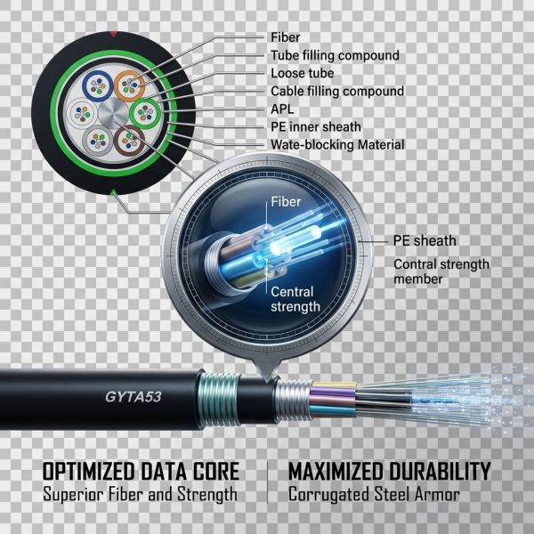 Waterproof GYTY53 Armoured Fiber Optic Cable 2-144 Core Single Mode OEM Color